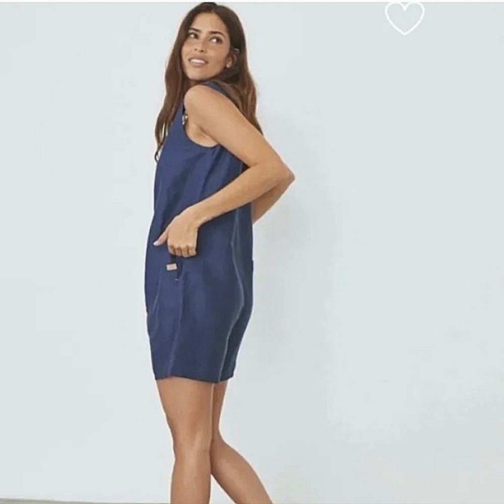 Lunya-Resort Linen Silk Romper Navy Blue Loungewear Sleepwear-Size Small
